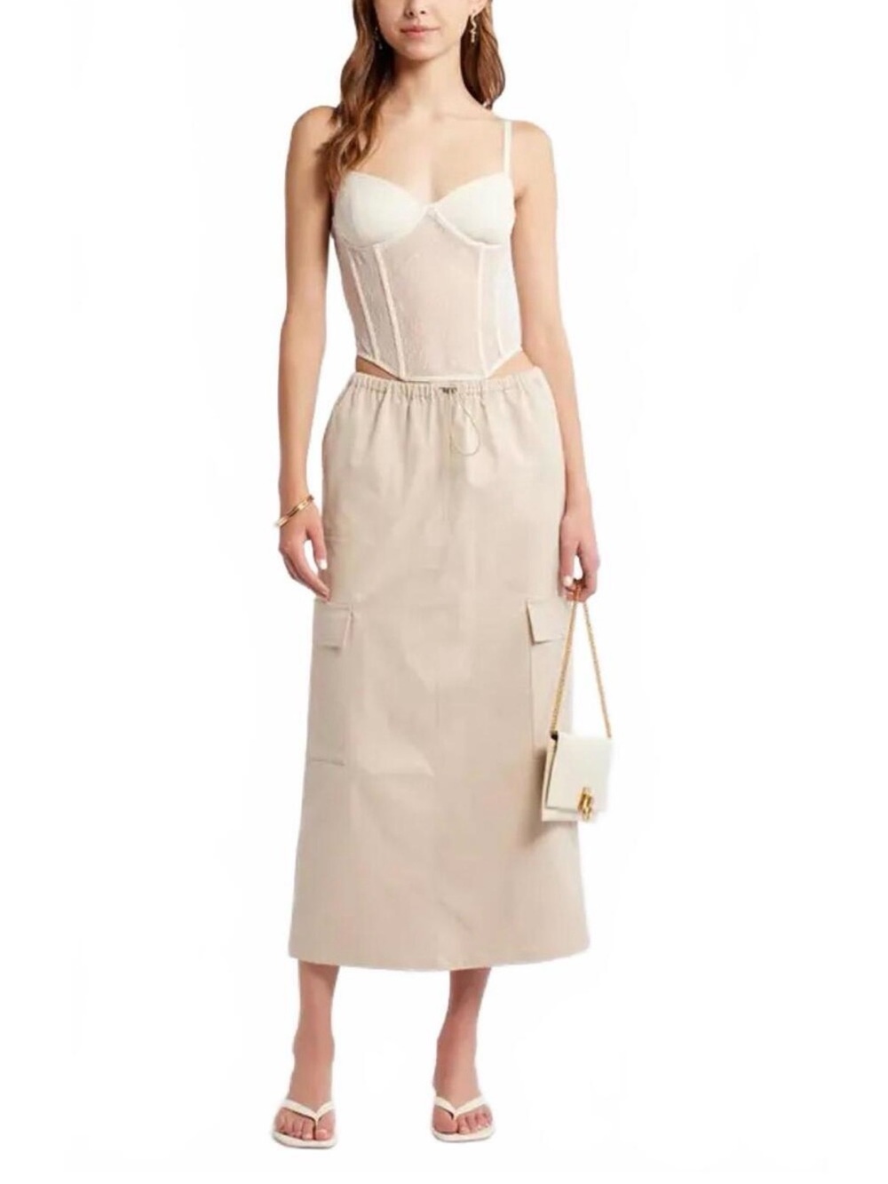 Beige Midi Drawstring Cargo Skirt